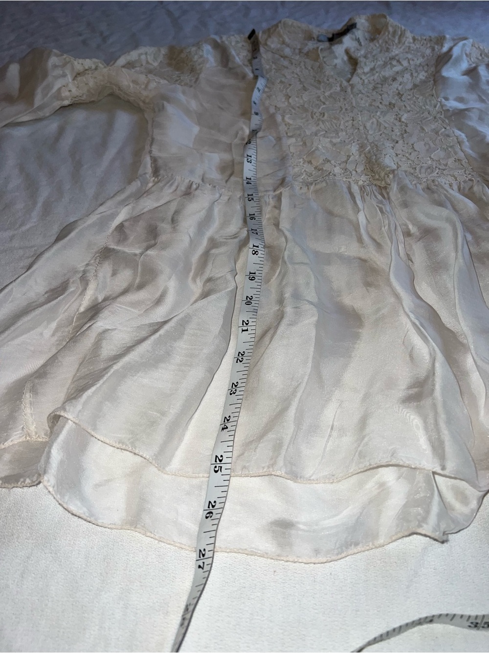 Off White Silk Lace Peasant Blouse - Women's Elegant V-Neck Top - Picture 14 of 15